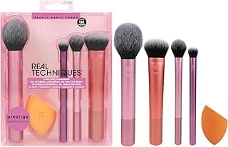 Real Techniques Ensemble de 5 pièces Everyday Essentials +, pinceaux à maquillage et éponge à maquillage, pour fond de teint, fard à joues, poudre bronzante, sans cruauté envers les animaux