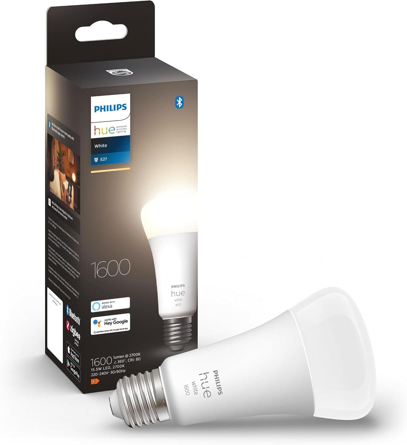 Philips Hue White E27 100W Smart LED Light Bulb 1600 Lumen Bluetooth Enabled Works with Alexa, Google Assistant and Apple Homekit