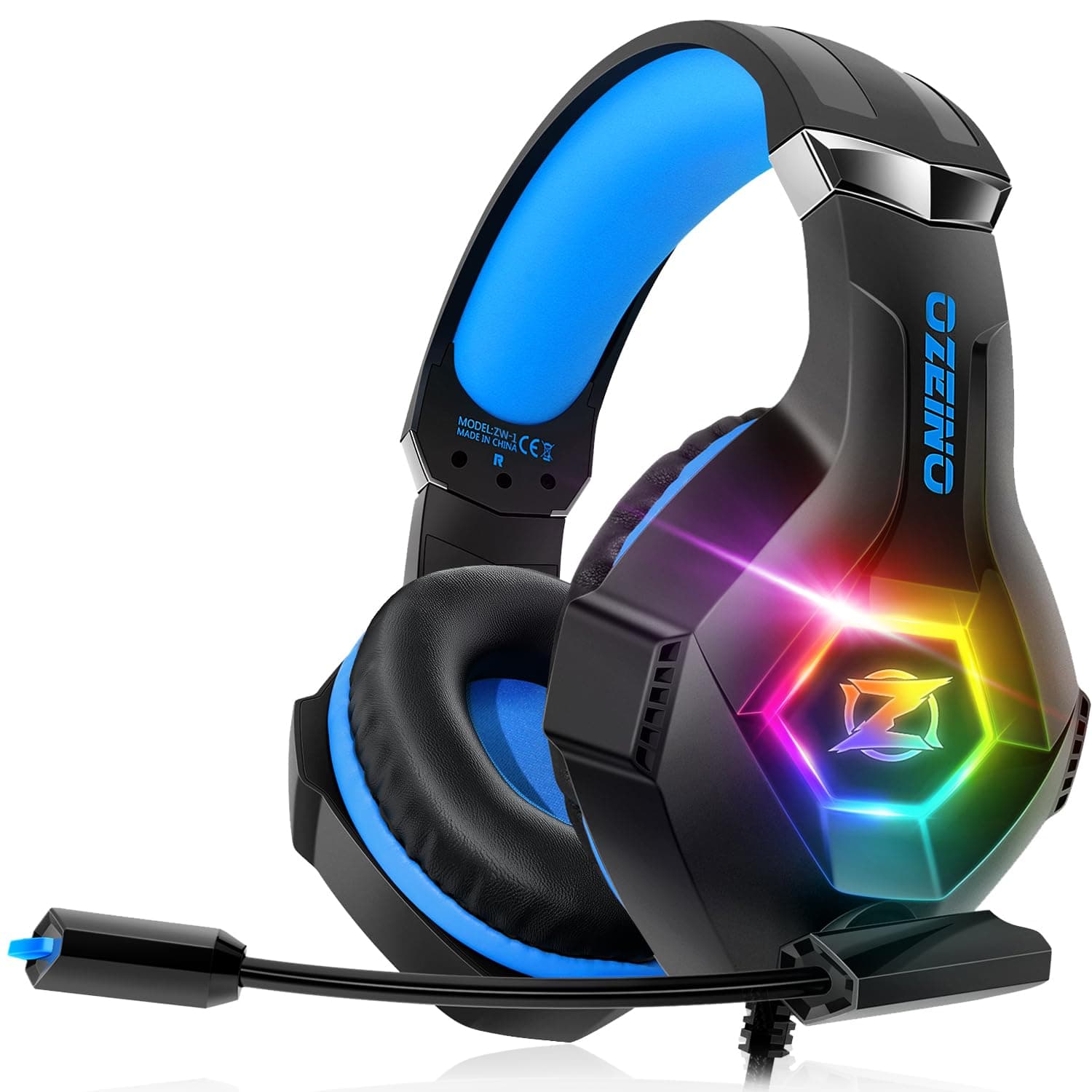 Ozeino Gaming Headset for PS5 PC PS4, Gaming Headset for Micro RGB 7 Colors Transducers 50mm Stereo Bass Mic Adjustable Noise Cancelling Compatible with Switch Xbox Series X & S-Blue Black