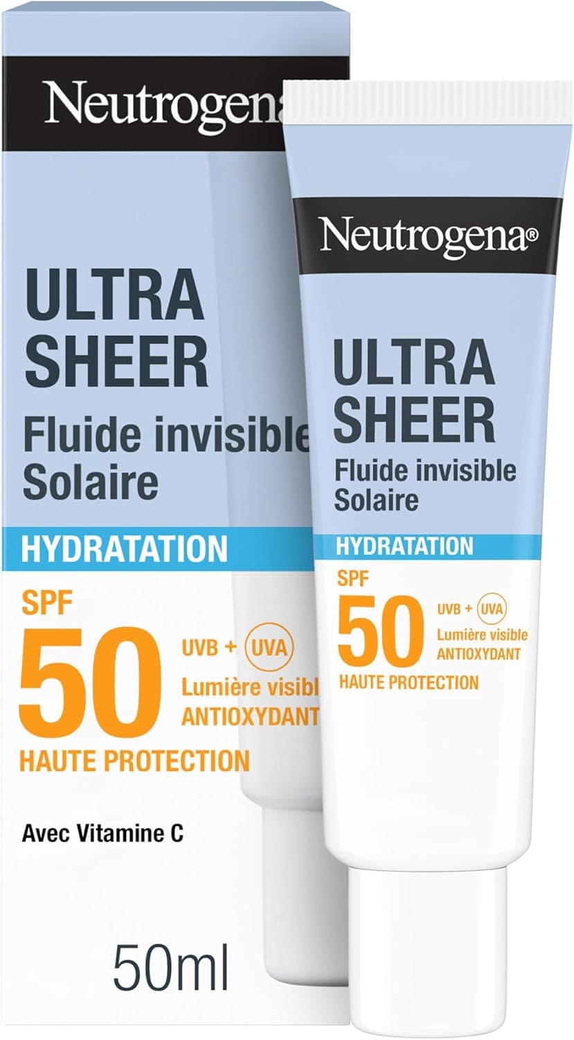 Neutrogena – Fluide Solaire Invisible Ultra Sheer Hydratation SPF 50 UVB + UVA (50 ml) – Crème solaire visage antioxydante avec vitamine C – Sec au toucher et absorption rapide, hydratation 24h - Image 1