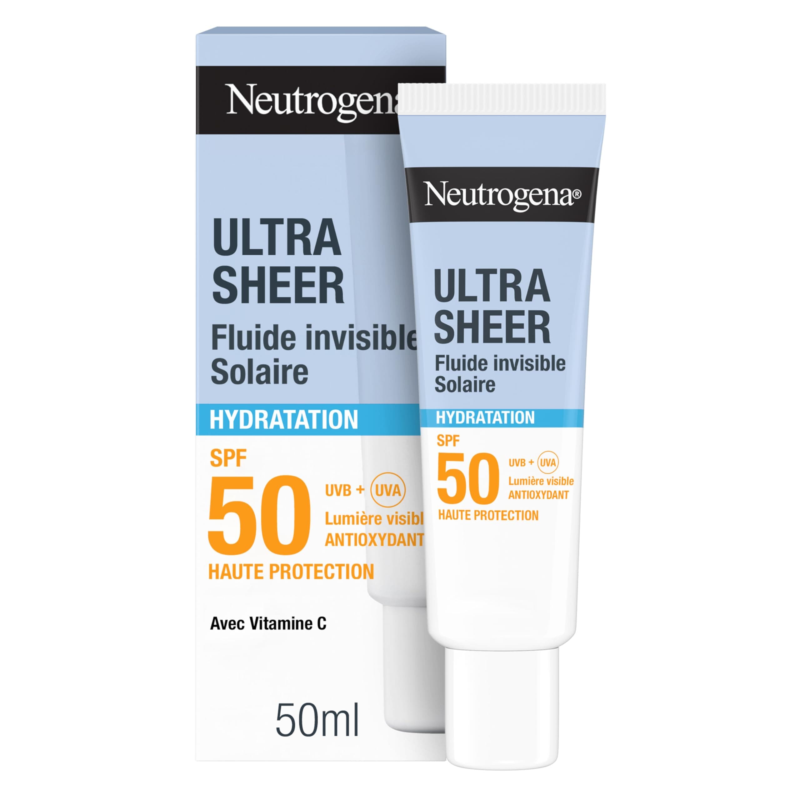 Neutrogena – Fluide Solaire Invisible Ultra Sheer Hydratation SPF 50 UVB + UVA (50 ml) – Crème solaire visage antioxydante avec vitamine C – Sec au toucher et absorption rapide, hydratation 24h - Image 9