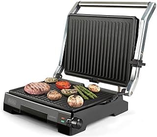 BLACK+DECKER BXGR2200E - Electric Grill 2200W, 6 Positions and 180° Opening, Plate 14.5 x 23 cm with Non-Stick Coating, PFOA and PTFE Free, Stainless Steel