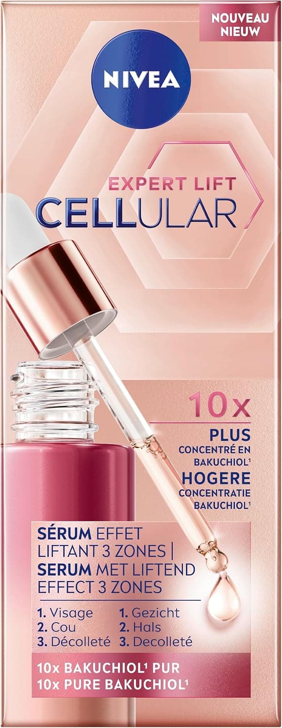 NIVEA Cellular Expert Lift Sérum visage effet liftant 3 zones (1 x 30 ml), Soin visage anti-rides concentré en Bakuchiol, Sérum anti-âge pour visage, cou & décolleté - Image 1