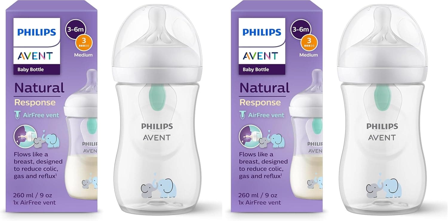Philips Philips AVENT 260ml Natural Response Bottle with AirFree Valve, BPA Free for Babies 1 Month+ (Model SCY673/81), Elephant (Model SCY673/81) (Pack of 2)