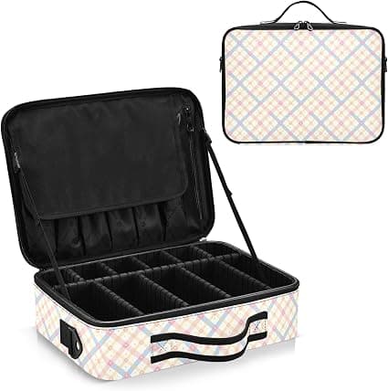 junzan Grand sac de rangement de maquillage à carreaux vichy crème avec séparateurs et sangle réglable, Crème 02_1, 14.6 x 10.6 x 4.7 inches, Coloré - Image 1