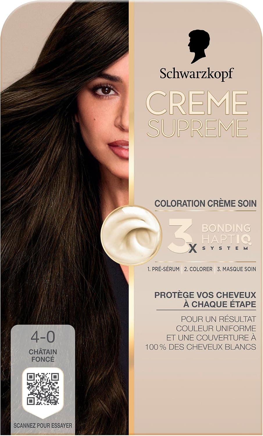 Schwarzkopf - Coloration Permanente - Creme Supreme - Resultat Couleur Uniforme - Soin Creme - Pre-serum - Masque Soin - Couverture 100% Cheveux Blancs - 4-0 - Chatain Fonce