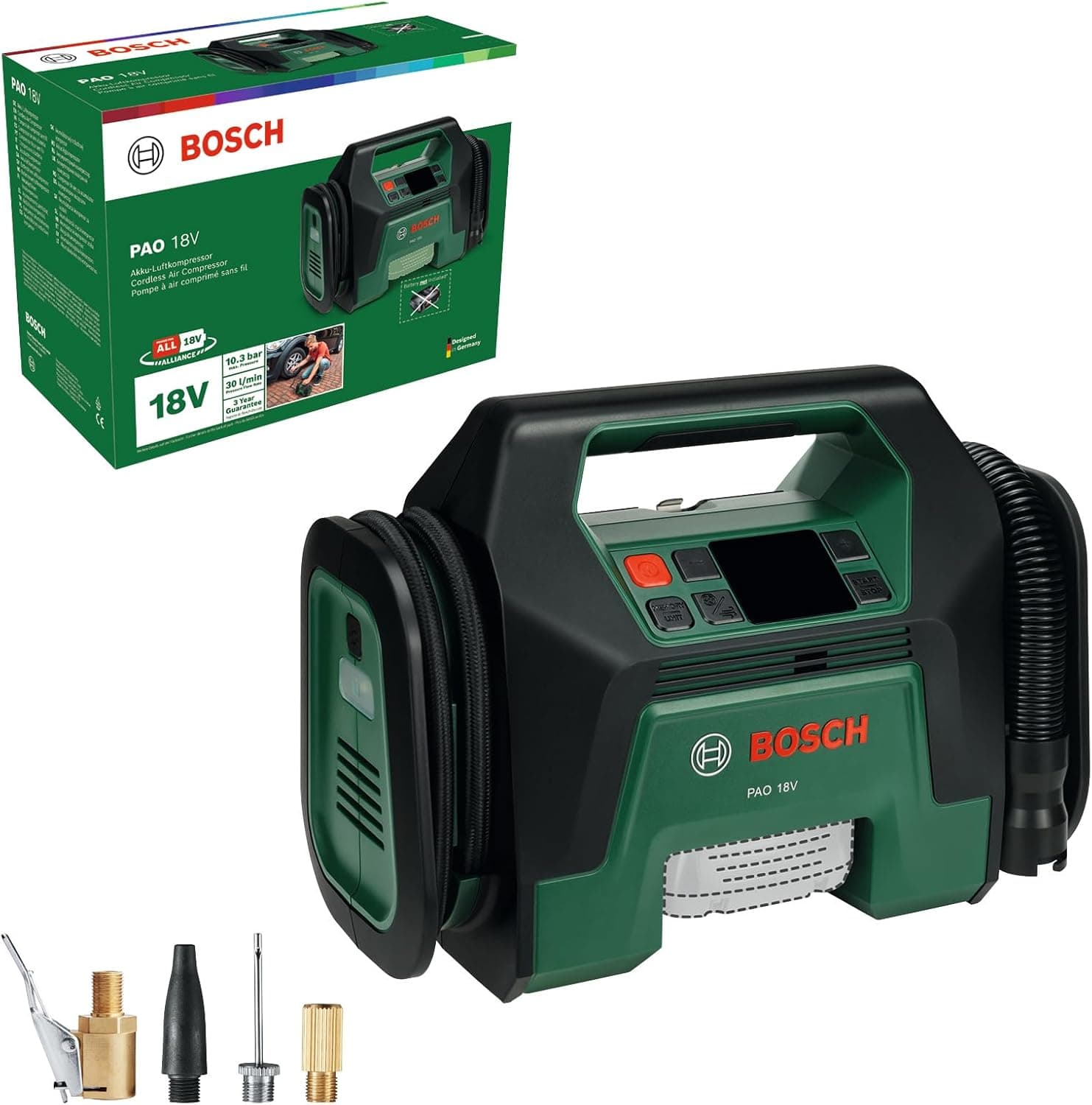 Bosch PAO 18V Cordless Air Compressor (from tires to large inflatable objects; with air pump clip for tire valve, French valve (Presta), ball needle, flow adapter)