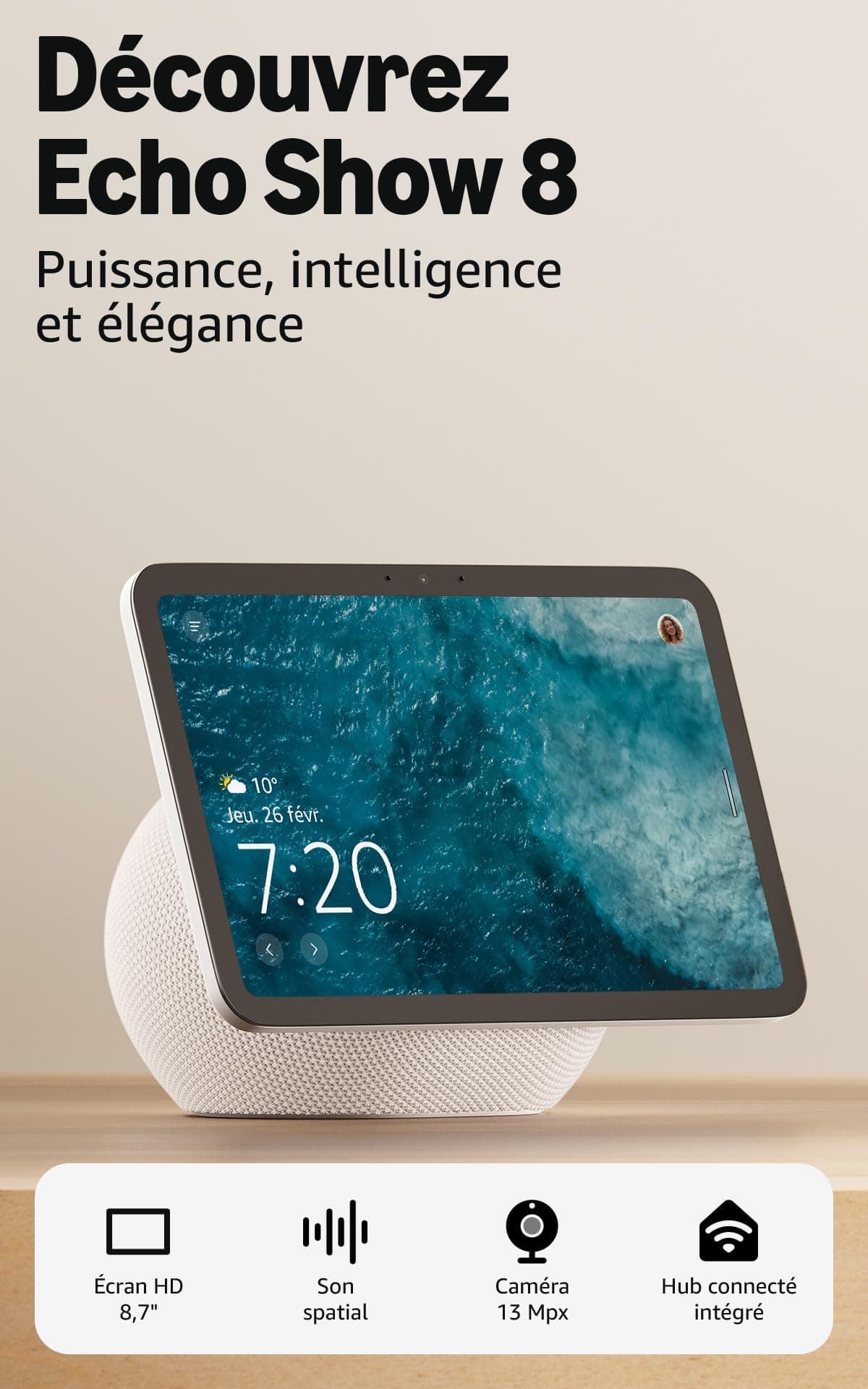 Amazon Echo Show 8 (newest gen), Vibrant HD 8.7" display with spatial audio and Alexa, Glacier White - Image 1