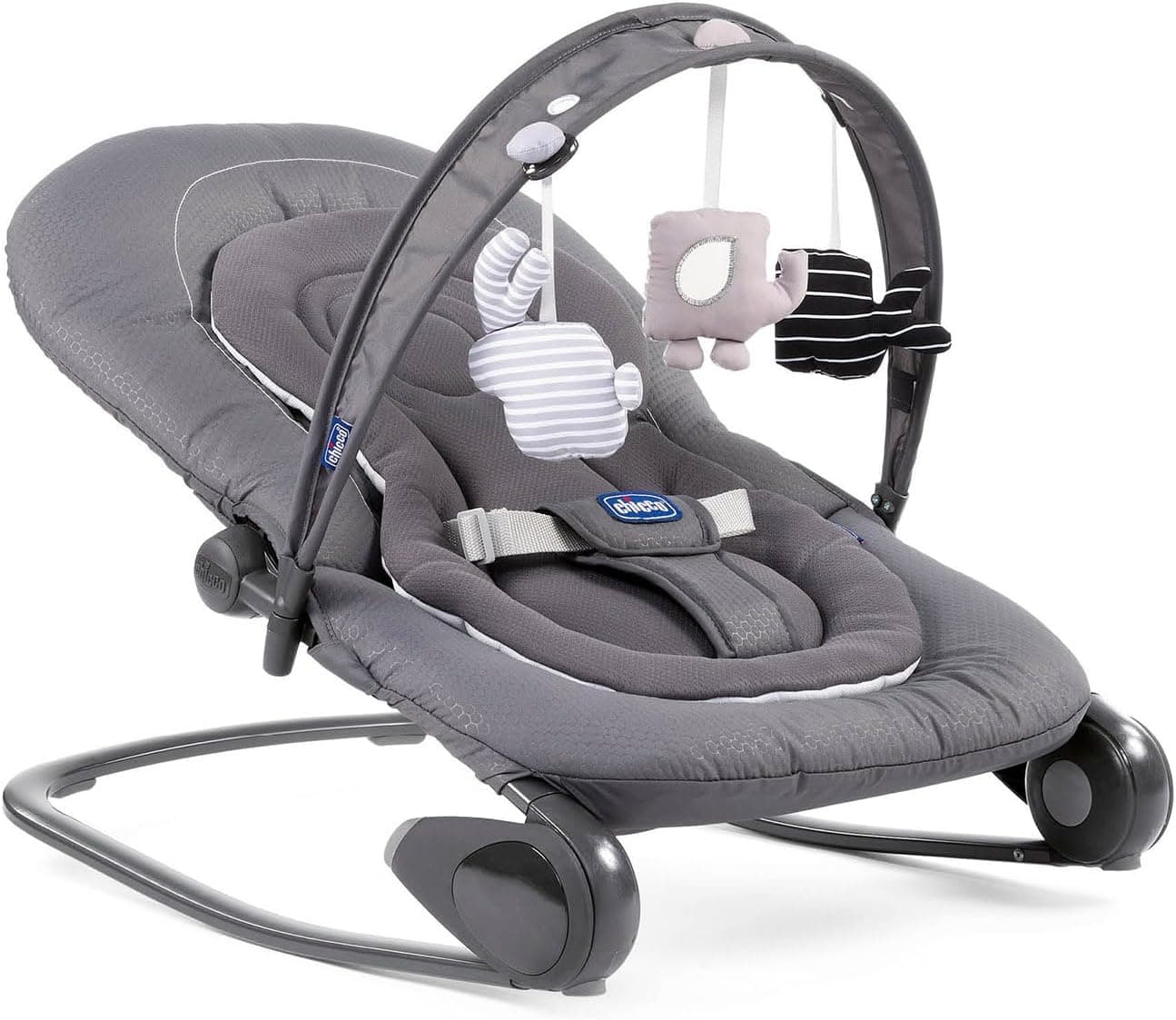 Chicco Hooplà Adjustable Baby Bouncer for Babies from Birth to 18 kg, Fixed or Rocker Position, with Play Bar, Adjustable Backrest and Reducing Cushion, Compact Closure, Moon Grey