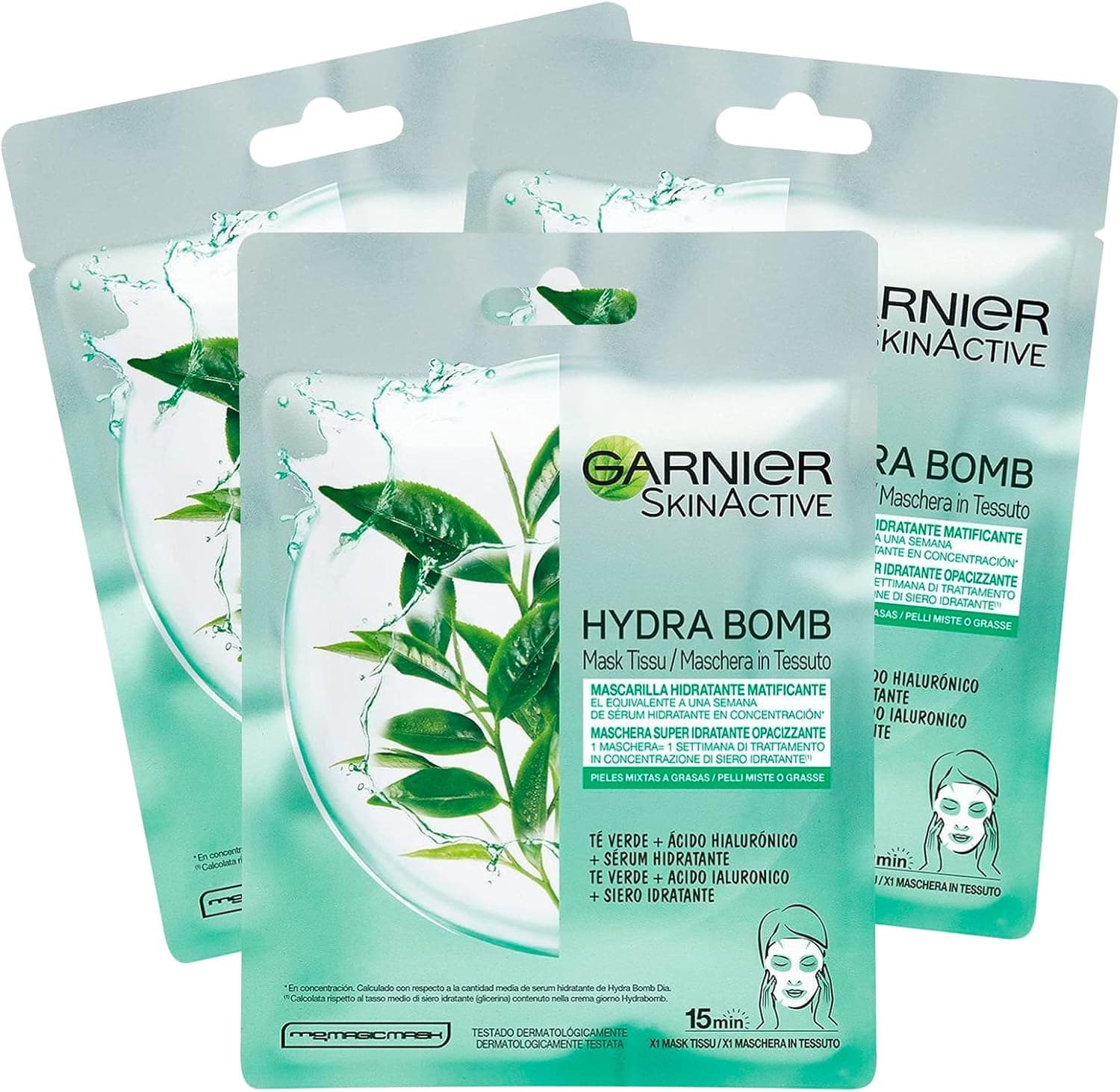 Garnier 3 x Garnier SkinActive Hydra Bomb Masque Visage en tissu Hydratant et opaque avec Te vert et acide hyaluronique