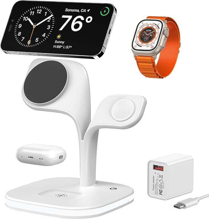 EXW 4 in 1 Induction Chargers, Mag-Safe Charger with Lamp, Magnetic Fast Wireless Charger Station for iPhone 17 16 15 14 13 12 Pro Max/Plus/Air, Apple Watch, AirPods-White