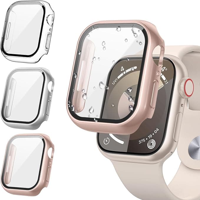 [3 Pieces] Kamita Case for Apple Watch Series SE 3/SE 2/6/5/4 40mm, Protective Case with Tempered Glass Screen Protector, Hard PC Bumper Case Shockproof Cover for iWatch 40 (Clear+Silver+Gold) - Image 1