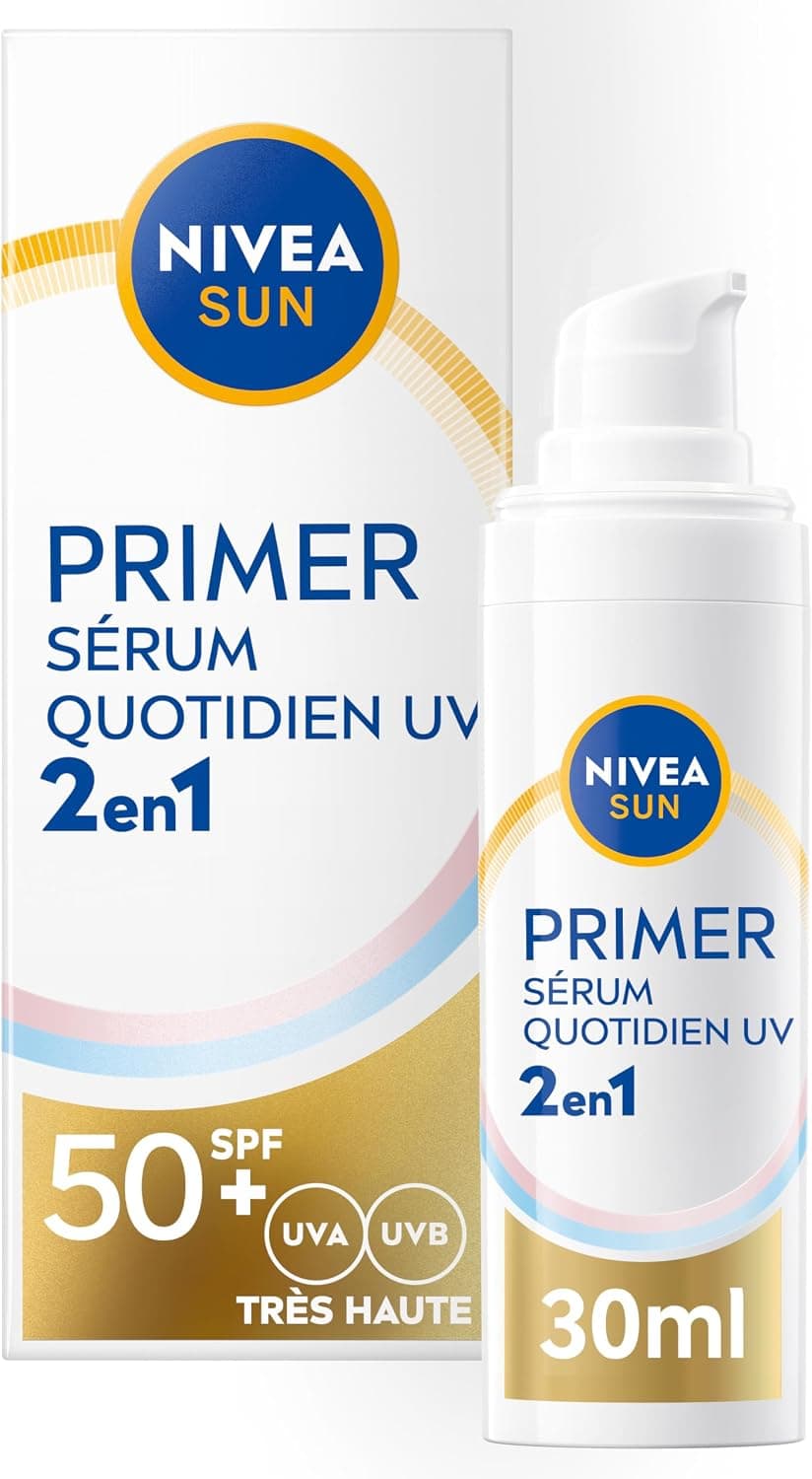 NIVEA SUN Sérum Primer Quotidien UV 2en1 SPF 50+ (1 x 30ml) — Sérum Visage hydratant enrichi en Acide Hyaluronique — Base de maquillage — Soin avec écran solaire visage SPF 50+ sans parfum
