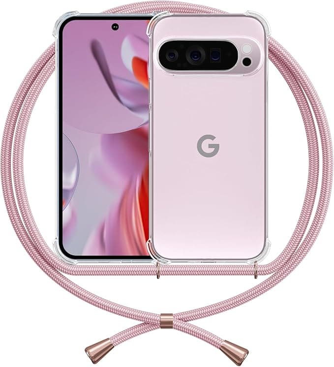 Case Compatible with Google Pixel 9 Pro XL Cord, Transparent Lanyard Case Cover Clear Shockproof Necklace Cover, Pink