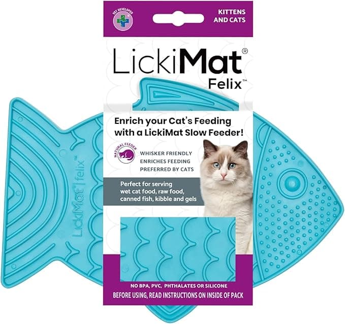 LickiMat Felix Slow Feeder Fish Shaped Cat Feeder for Boredom and Anxiety Reduction Ideal for Food, Treats and Anxiety Reduction, Turquoise