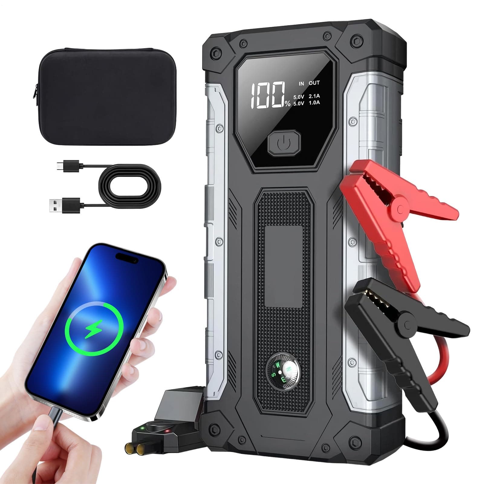 Mobil Démarreur portable – Booster de puissance de voiture 12 V, batterie automobile, câble intelligent intégré | Chargeur pour véhicule, SUV, camping-car, camion, smartphone, ordinateur portable, appareil