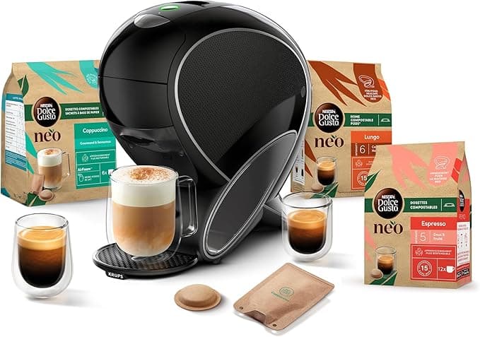 Dolce Gusto NEO Coffee Machine by Krups, Coffee Machine + 3 Boxes of Compostable Pods (Espresso, Lungo, Cappuccino), YY5242FD Smart Multi-Drink Coffee Maker - Image 1
