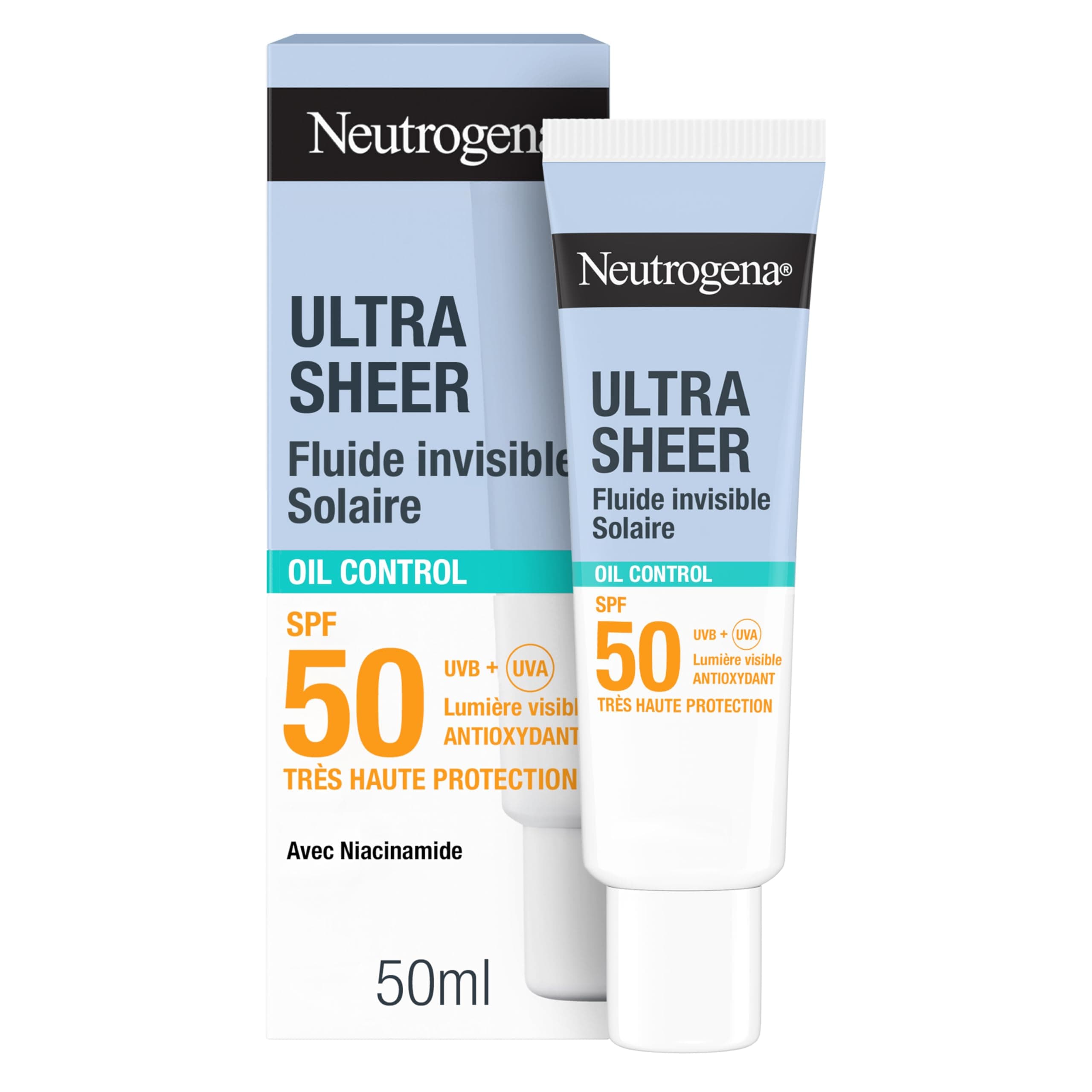 Neutrogena – Invisible Ultra Sheer Oil Control Sun Fluid SPF 50+ UVB + UVA (50ml) – Antioxidant Sunscreen Face with Niacinamide – Touch Dry, Fast Absorption and Mattifying Effect 12 Hours - Image 1