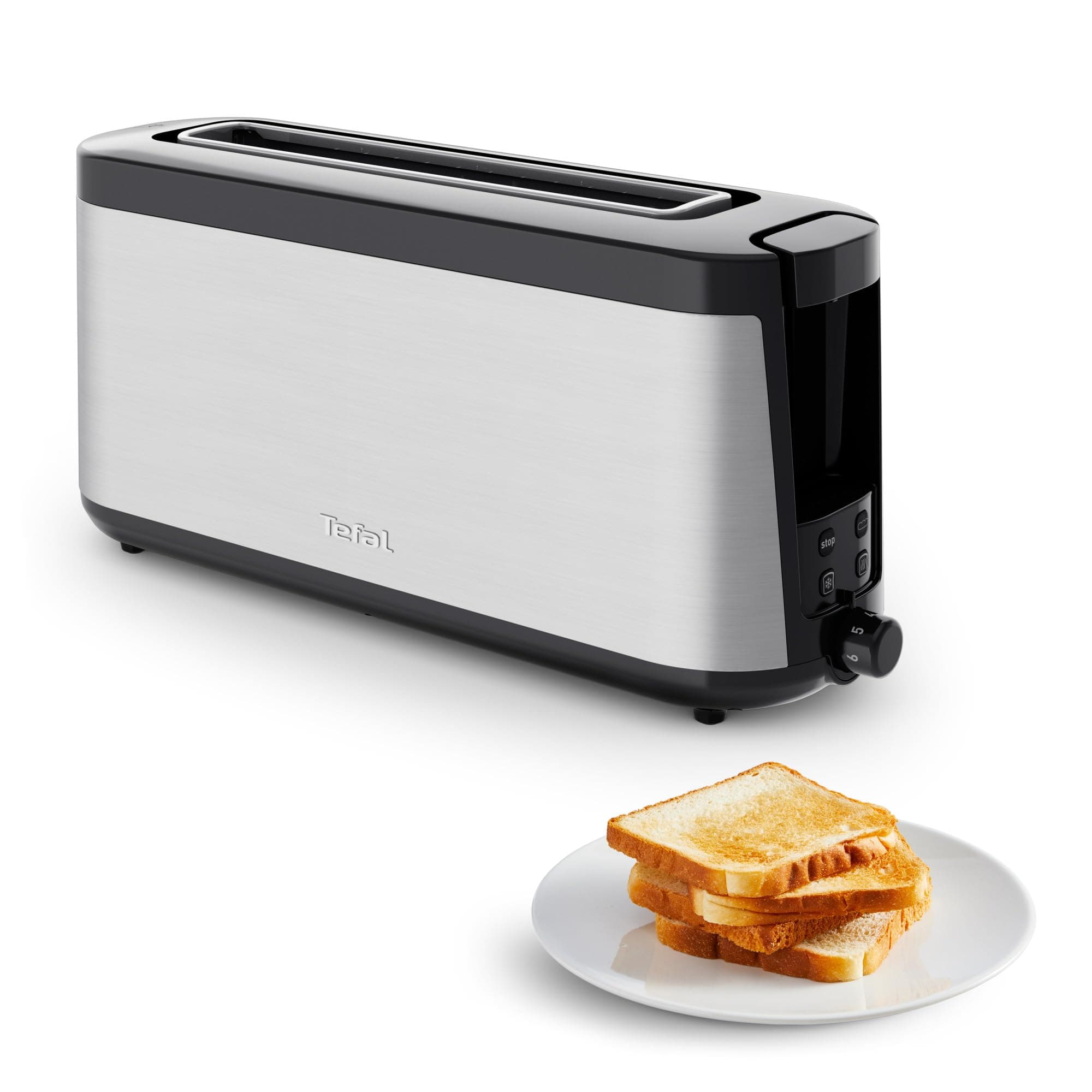 Tefal Element TL4308 Long Slotted Toaster | 7 Burnishing Levels | 1000 Watts | Integrated Roll Holder | Stylish Design | Black/Stainless Steel - Image 1