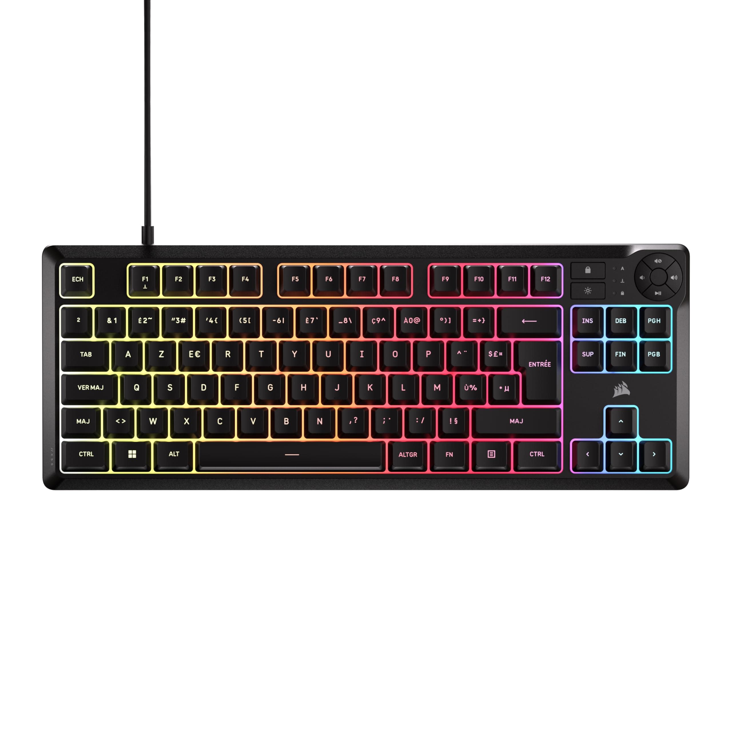 Corsair K55 Core TKL RGB Gaming Keyboard - Tenkeyless, 8 RGB Zones, Silent Membrane Keys, Splash Resistant, Multimedia Keys, 1000Hz - FR Layout - Black