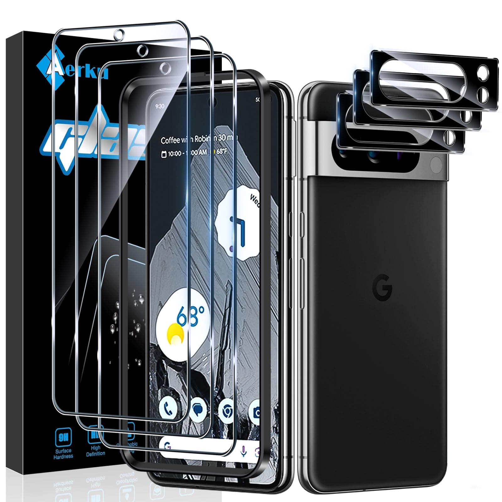 Tempered Glass for Google Pixel 8 Pro 5G with Rear Camera Protector [3+3 Pieces], 9H Hardness [Bubble-Free] [Ultra HD] Heavy Duty Glass Film - Image 1