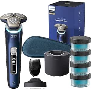 Philips Série 9000 - Rasoir électrique pour hommes, avec technologie SkinIQ, Wet & Dry, Lift & Cut, rétractable, Cleaning Pod, tondeuse à barbe, socle de charge, coffret de voyage (modèle S9980/74)