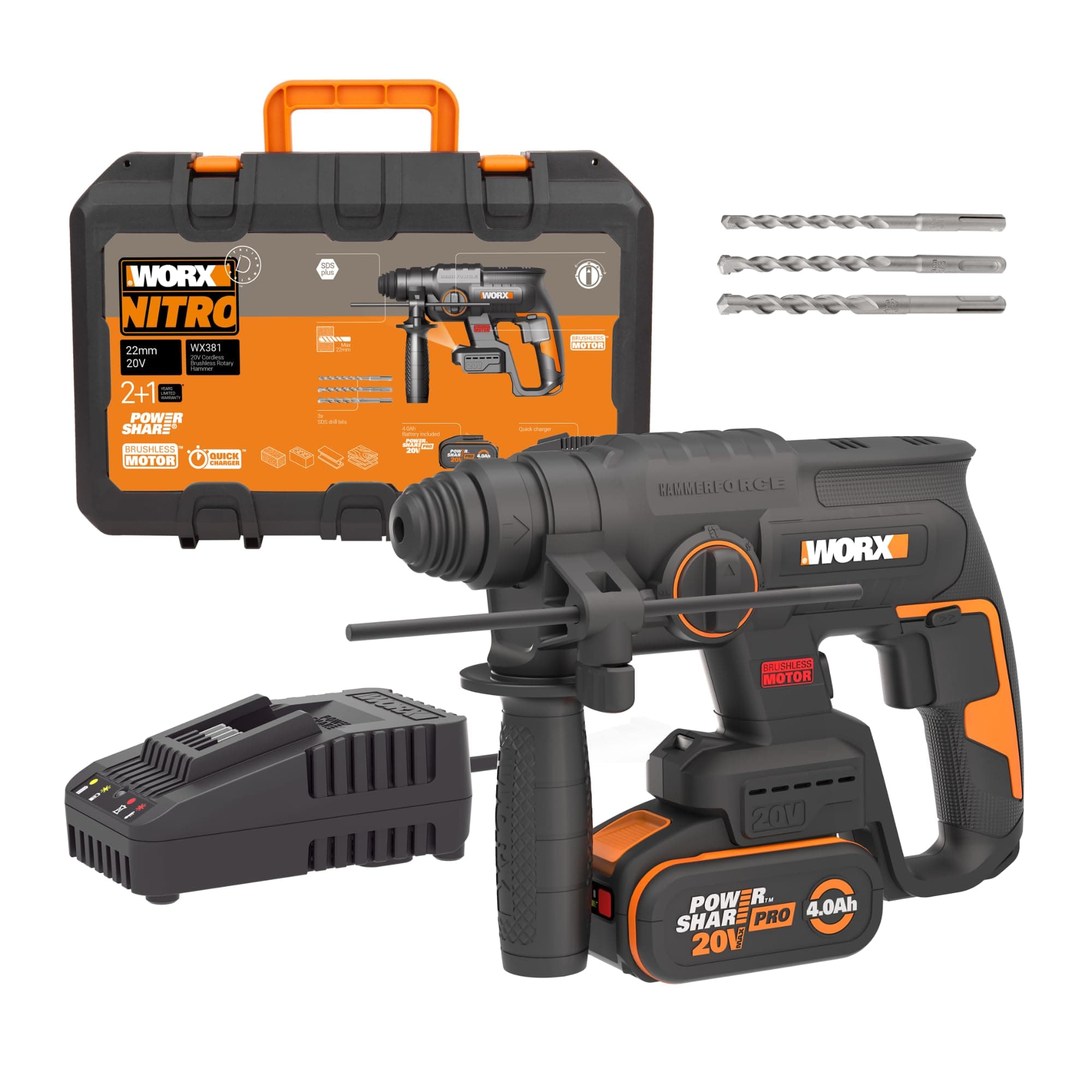 WORX Brushless 20V WX381 Cordless Drill, 2J, 3 in 1, Drilling, Percussion, Chisel in All Materials, Anti-Vibration, Comes with 1 x 4Ah Battery, Charger and Accessories - Image 1