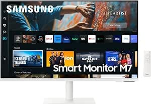 Samsung Smart Monitor M7 32" PC Monitor, VA Panel, 4K UHD Resolution, 300cd/m², 3000:1, 60Hz, Smart Hub, Webcam Included, Game Bar 2.0, TV Plus, Microsoft 365, Smart Things, Tilt, HDMI, USB, White