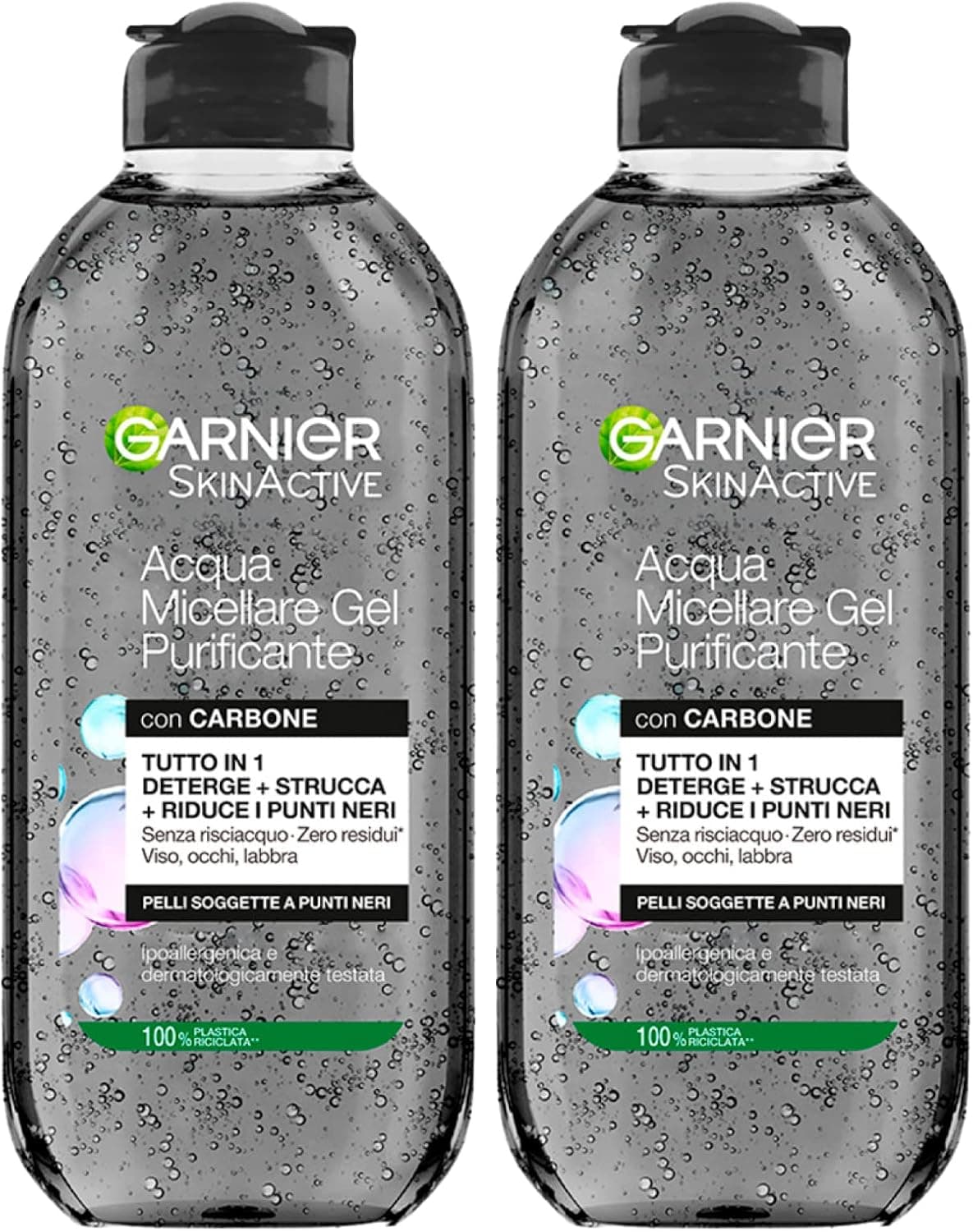 Garnier Garnier SkinActive Gel Micellares All in 1 Make-Up Remover Water with Charcoal for Blackheads, Hypoallergenic No Rinse Formula for Face, Eyes and Lips - 2 x 400 ml Bottles