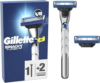 Gillette Rasoir Pour Homme Mach3 Turbo, Manche Et 2 Recharges, Cartouche Avec Un NOUVEAU Revêtement De Lame Pour Réduire La Pression Sur La Peau, Bande Lubrifiante Pour Rasage Avec Une Glisse Fluide
