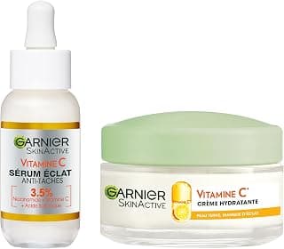 GARNIER Skin Active - Routine Éclat Quotidien - Sérum Éclat Anti-Taches Brunes + Crème Hydratante Bio - Formules Enrichies en Vitamine C, Acide Salicylique & Niacinamide - Peau Sèche & Terne