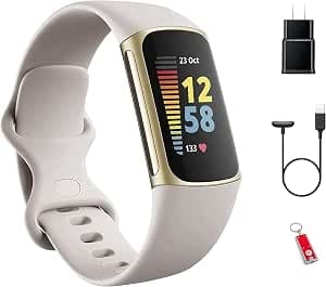 Fitbit Charge 5 Advanced Activity & Health Tracker Set with Charging Cable, Charging Plug and Infinity Bracelet One Size - Small/Large (Moon White/Soft Gold)