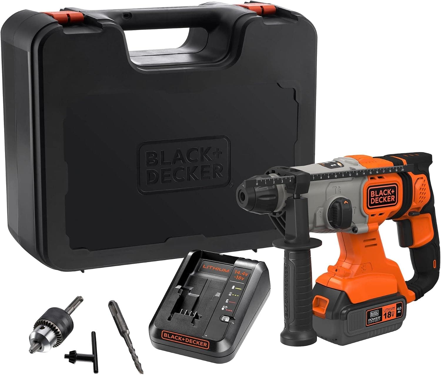 BLACK+DECKER BCD900M1K-QW 18V SDS-Plus Cordless Drill Hammer 4.0Ah Battery, 2A Charger, Case, Adjustable Handle, LED Lighting, - Image 1