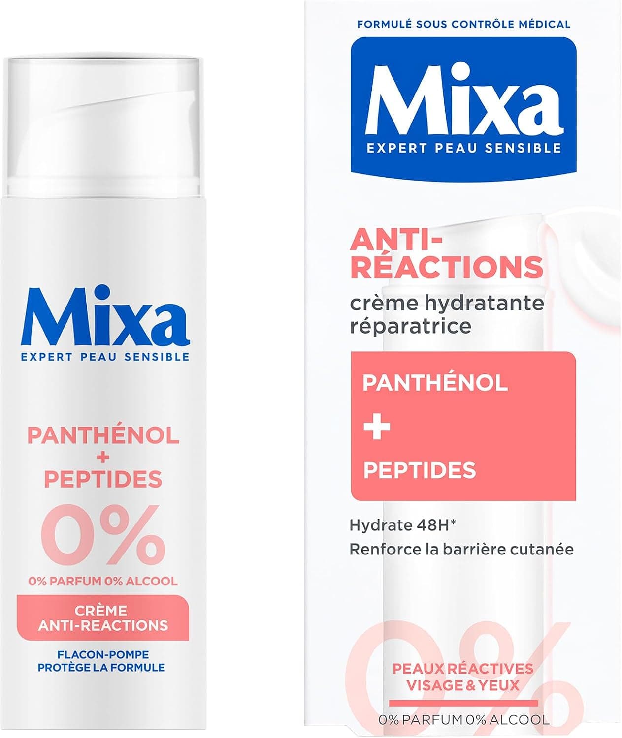 MIXA - Crème Anti-Réactions - Hydrate Intensément & Répare La Barrière Cutanée en 4H* - Sans Parfum, Sans Alcool - Panthénol + Peptides - Tous Types de Peaux Réactives - Flacon-Pompe 50 ml