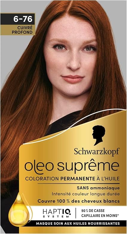 Oleo Suprême - Schwarzkopf - Permanent Oil Colour - Long-Lasting Colour and Radiance - Ammonia-Free - 100% White Coverage - HaptIQ System - Deep Copper 6-76 - Image 1