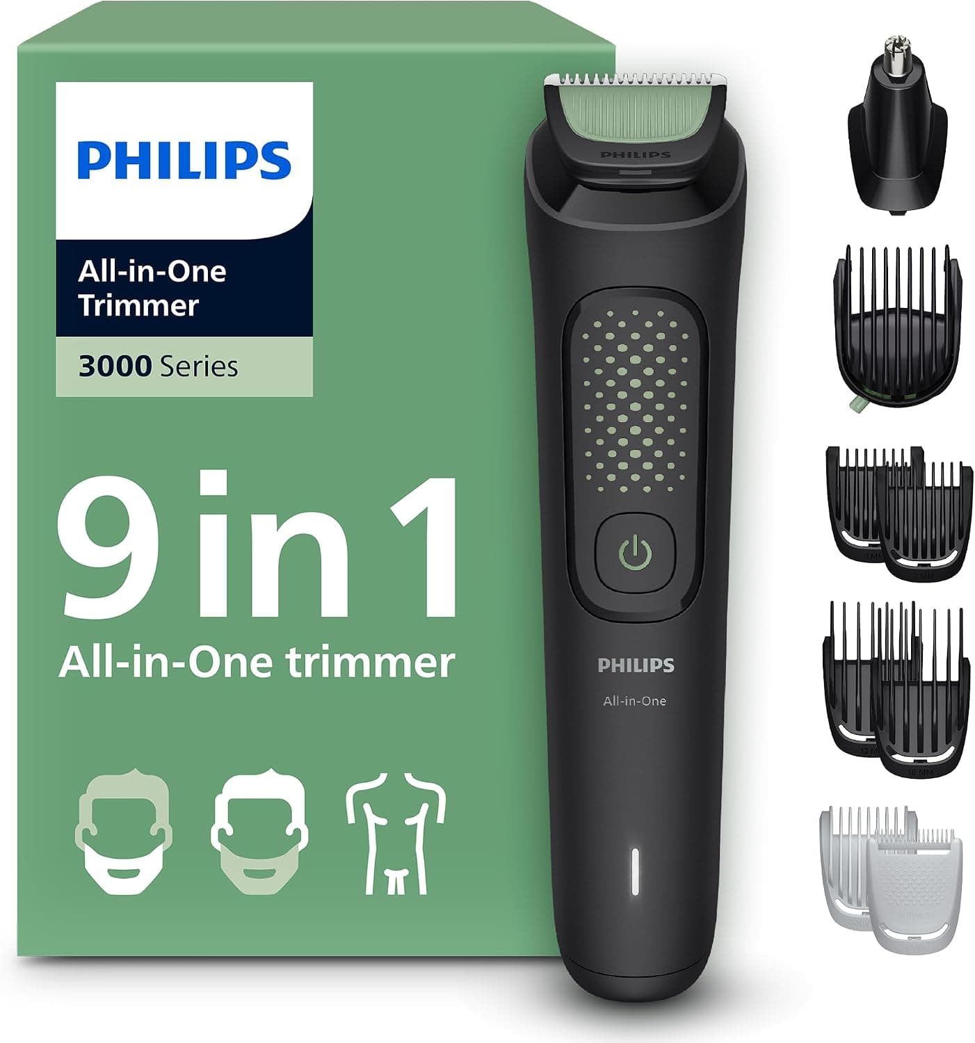 Philips Tondeuse tout-en-un Multigroom série 3000 9 accessoires - Tondeuse pour barbe, cheveux et corps, Lames auto-affûtées respectueuses de la peau, 12 hauteurs de coupe, Modèle MG3946/15 - Image 1