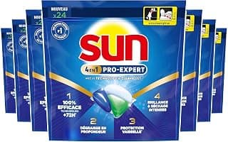 Sun - Pro Expert - 168 Pastilles Lave Vaisselle - Action 4 en 1 - Regular - Elimine 100% des taches brûlées de +72h - dégraissent en Profondeur - 24 Capsules (Lot de 7)