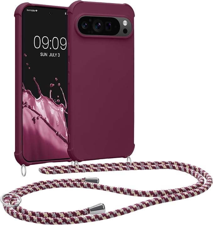 kwmobile Necklace Case Compatible with Google Pixel 9 Pro XL - Silicone Case Cover with Necklace Burgundy Purple - Image 1
