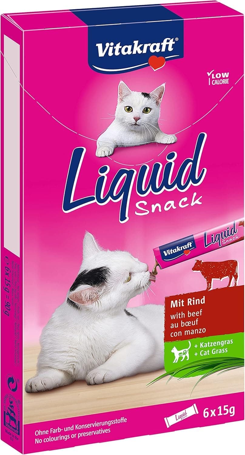 Vitakraft Liquid Snack, Liquid Cat Treat, Beef and Catnip, Individual Pouches, for Healthy Gut Flora (1 Pack of 6 x 15g)