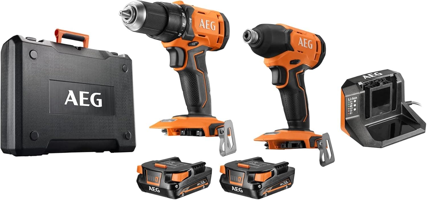 AEG AEG - Compact impact drill, impact driver, 2 x 2.0 Ah batteries, charger, case, 17 pieces box
