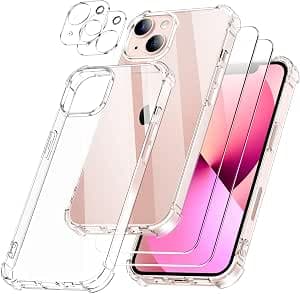 5 in 1 Case for iPhone 13 with 2 Tempered Glass and 2 Camera Protectors, Shockproof Protective Case with Built-In Air Cushion Slim Bumper Cover – Transparent