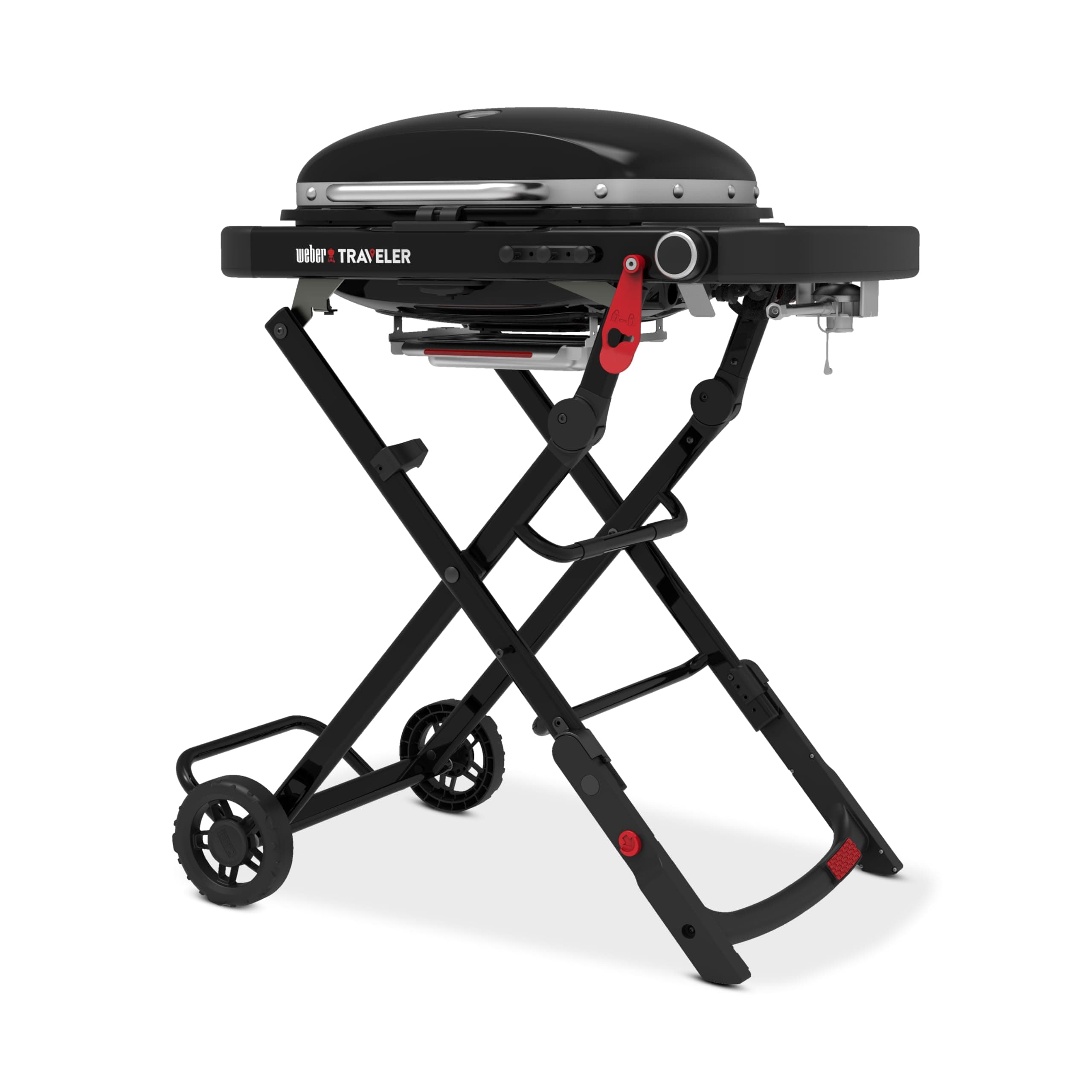 Weber Traveler Compact gas barbecue/Foldable and portable design with wheels, automatic lid lock, lid with thermometer, 1 burner, cooking surface 52 x 36 cm, black