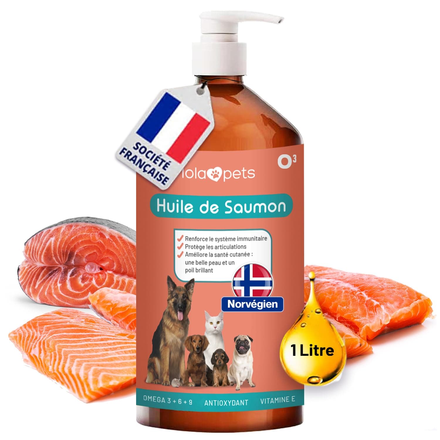 Salmon Oil Salmon Oil for Dogs and Cats 1 Litre - 100% Natural Norwegian Salmon - Cold Pressed - Rich in Omega 3+6+9 and Vitamin E | Practical Doser (Red)