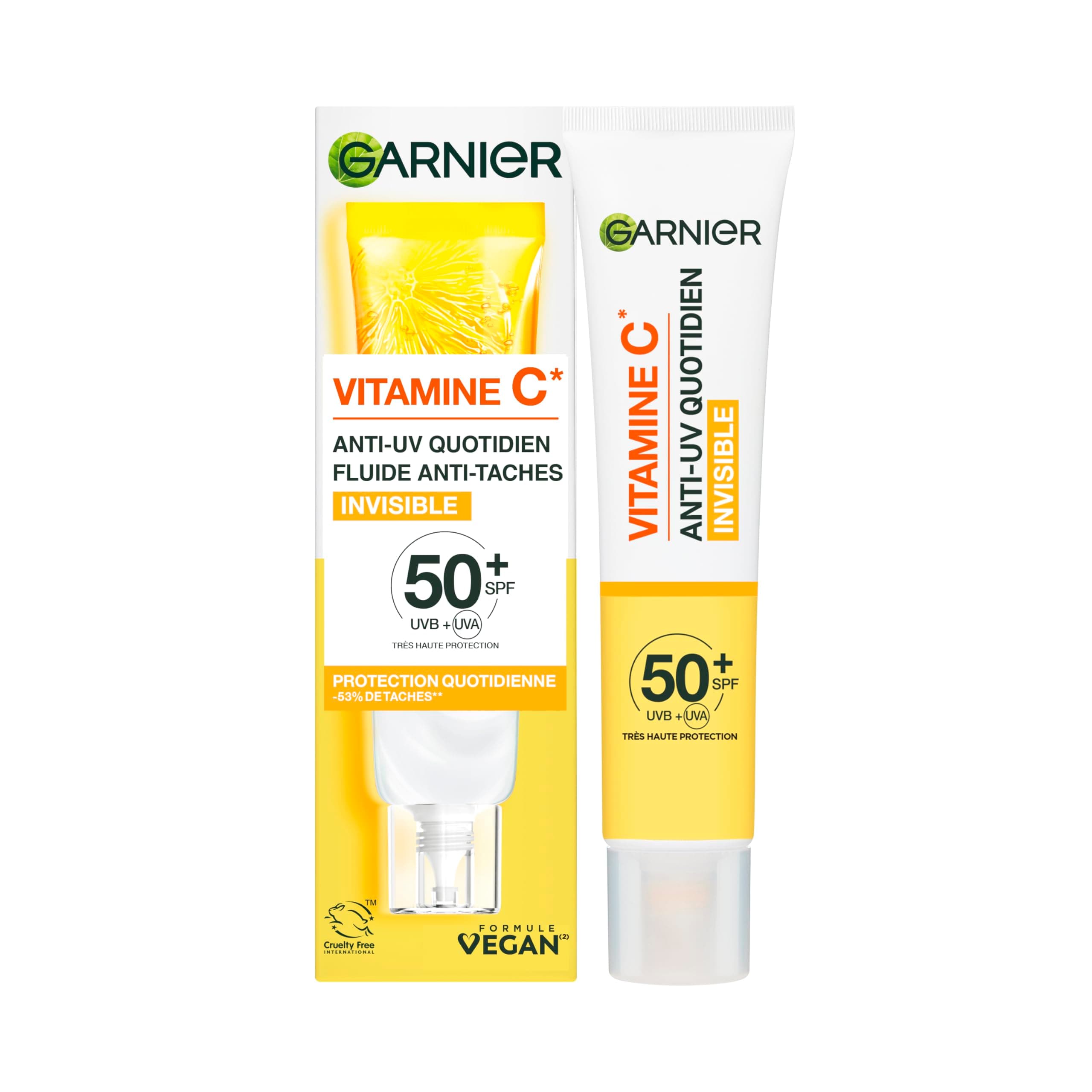 Garnier SkinActive - Fluide Anti-UV & Anti-Taches Quotidien - Invisible - SPF 50+ - Protège & Réduit les Taches - Soin Visage Enrichi en Vitamine C - Tous Types de Peau - 40 ml - Image 1