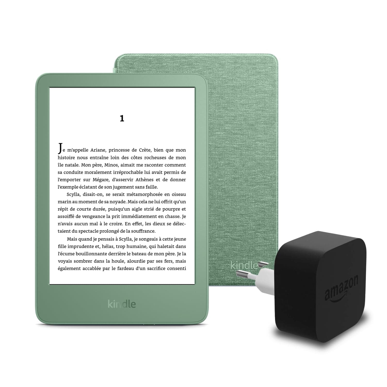 Le nouveau Kindle (version 2024) 16 GB avec publicités, une housse en tissu Amazon et un adaptateur secteur Amazon Powerfast 9 W.