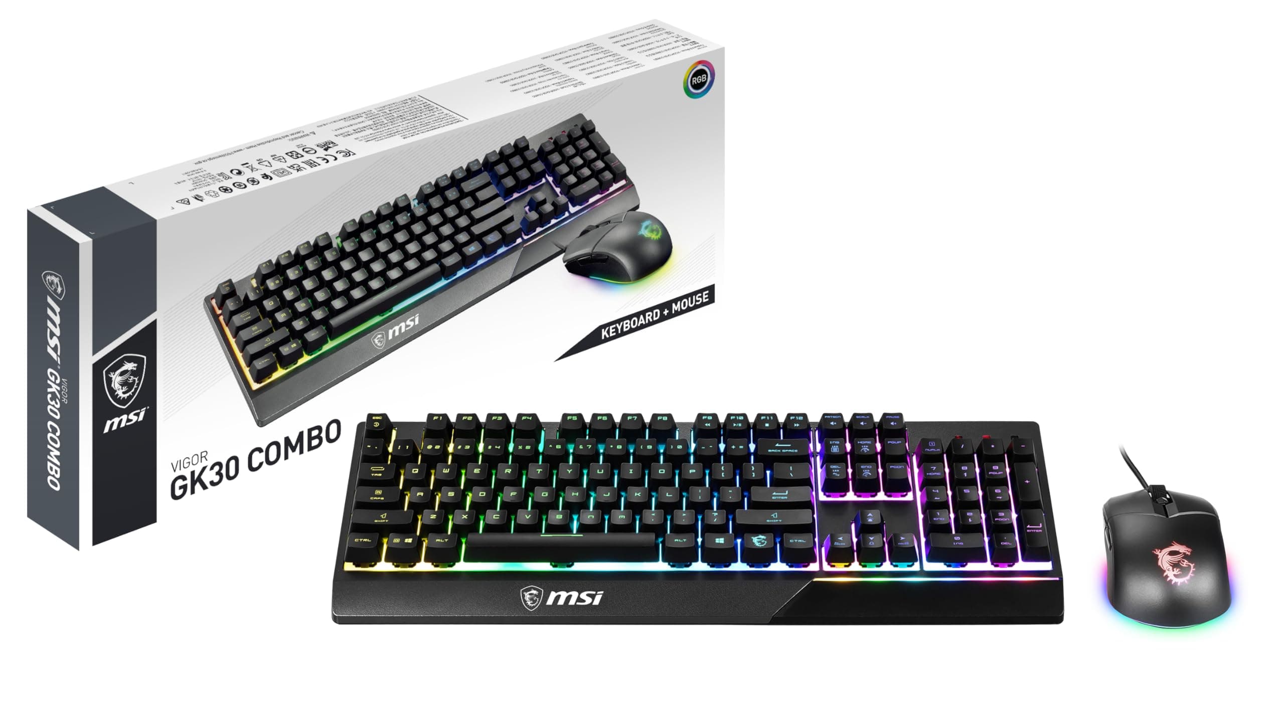 MSI Vigor GK30 Combo FR Keyboard + Gaming Mouse - Full Size AZERTY Keyboard and Clutch Mouse GM11, Wired, RGB Mystic Light