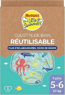 HUGGIES Little Swimmers, couches de bain pour bébé réutilisables Taille 5/6 (13kg et +), premières baigandes, protège sans gonfler, barrière anti-fuite, ceinture extensible ajustée