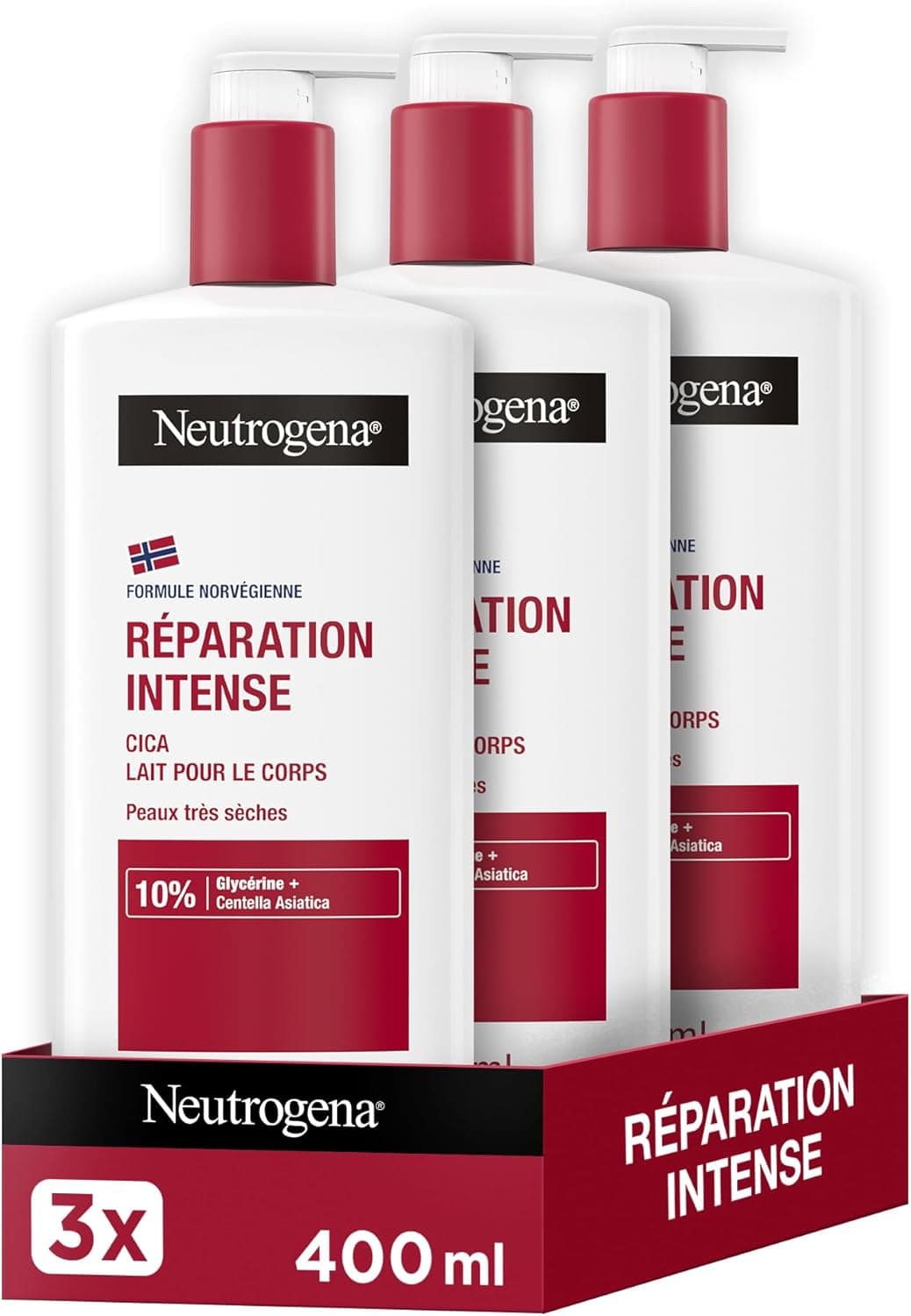 Neutrogena Neutrogena – Cica Intense Repair Body Lotion (3 x 400 ml pump bottles) – Non-greasy body lotion for very dry skin – Moisturizing milk with glycerine and centella asiatica