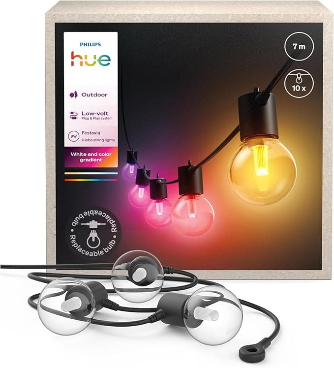 Apple Philips Hue Festavia Globe Outdoor Fairy Lights, White and Colourful Ambience, 7 m, 10 Bulbs, Dimmable, Controllable via Hue App, Compatible with Alexa, Google Assistant and Apple Home