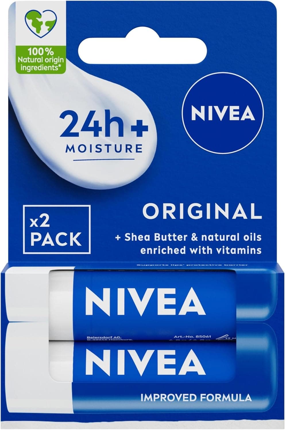 NIVEA NIVEA Original Care Duo Pack Baume à lèvres (2 x 4,8 g), hydratant pour les lèvres en profondeur pendant 24 h +, ingrédients d'origine 100 % naturelle, beurre de karité et vitamines, soin des lèvres